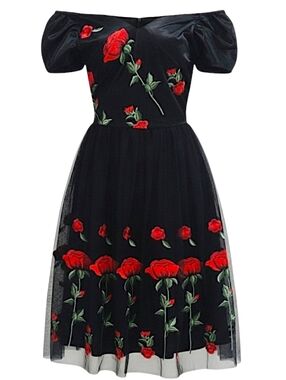Off Shoulder Retro Black Pin-Up Dress Embroidered Fit & Flare NWT Size S